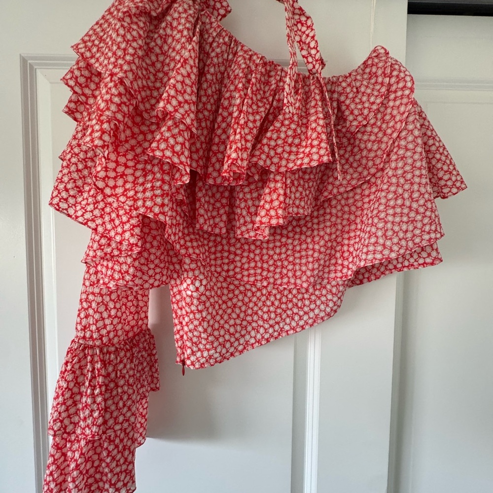 Red Patterned One-Shoulder Ruffle Top - image 1